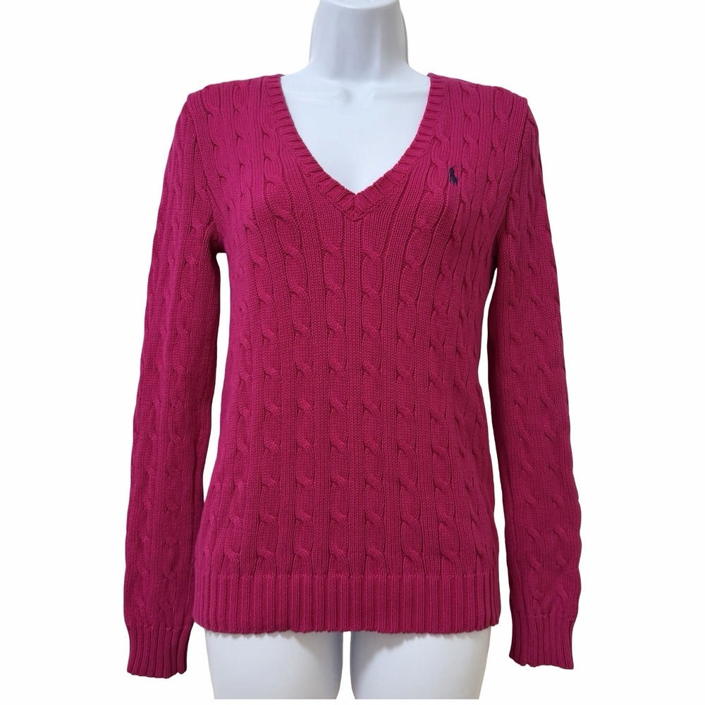 Ralph‎ Lauren Sport Womens Cotton Cable Knit Sweater Size M Magenta Pink Preppy